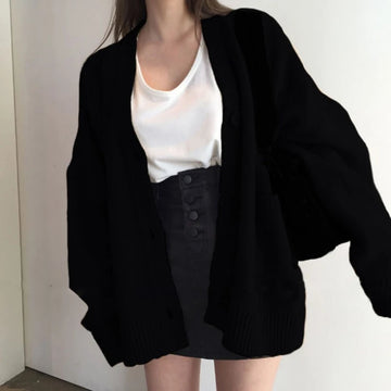 Getadme-Autumn Women's Sweater Fashion V-neck Vintage Knitted Cardigan Korean Loose Solid Sweaters Female